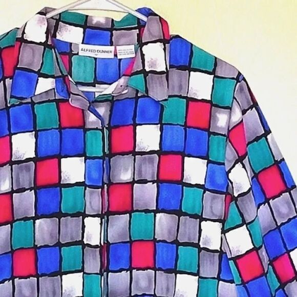 VTG 90s Colorful Colorblock Printed Button Down Satin Blouse Size 12 - Picture 5 of 15